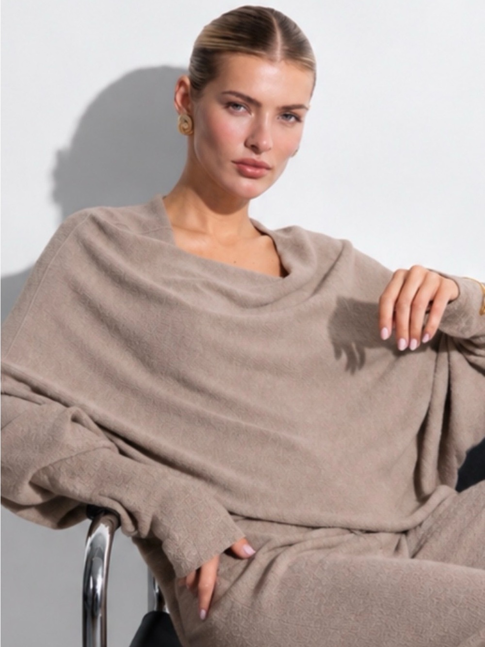 JAKI London Asymmetric Draped Sweater Mocha Taupe